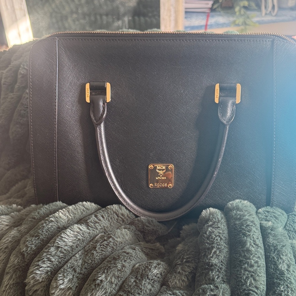 MCM Black Satchel with Gold Accents